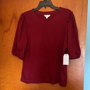 Time and Tru Women's Burgundy Puff-Sleeve Crewneck Top